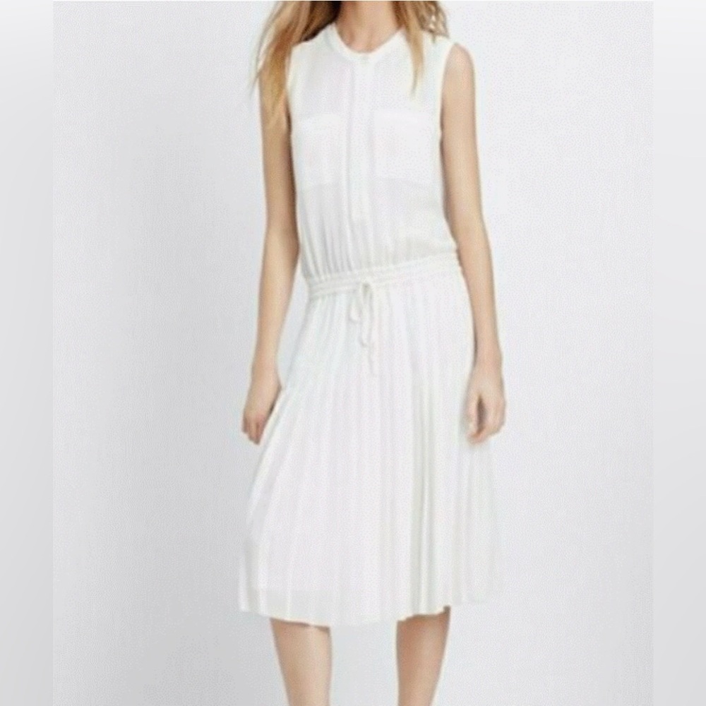 Vince white pleated sleeveless drawstring waist chiffon A-line midi dress .XS
